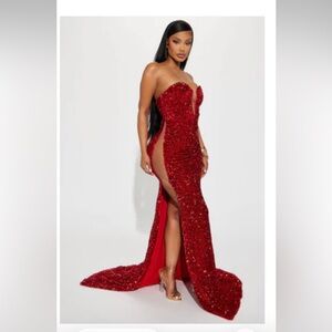 Fashion Nova Dazzling Red Strapless Gown